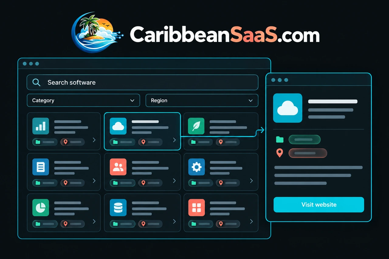 CaribbeanSaaS illustration showing its island technology logo, searchable software listings, category filters, and region filters