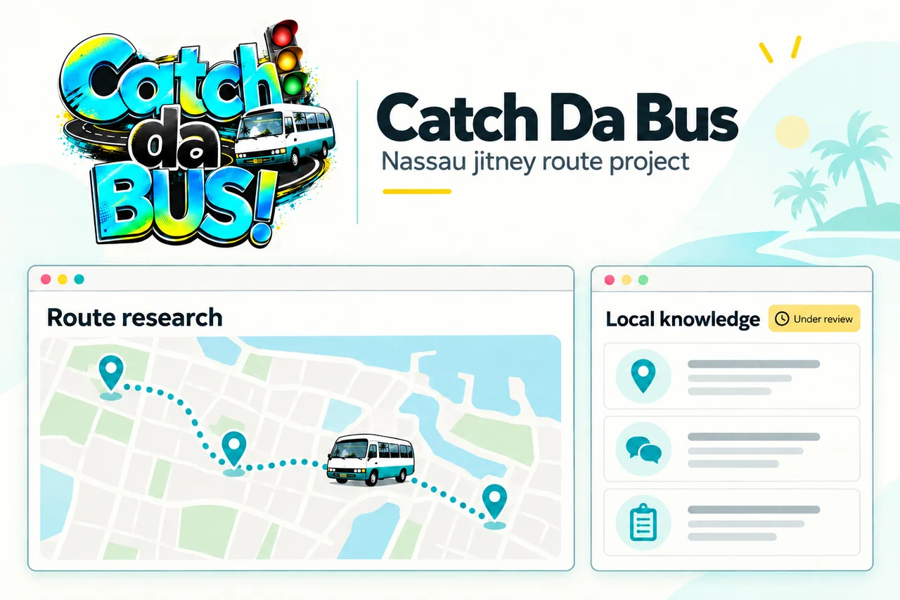 Catch Da Bus illustration with its turquoise jitney logo, a schematic route map, and local knowledge under review
